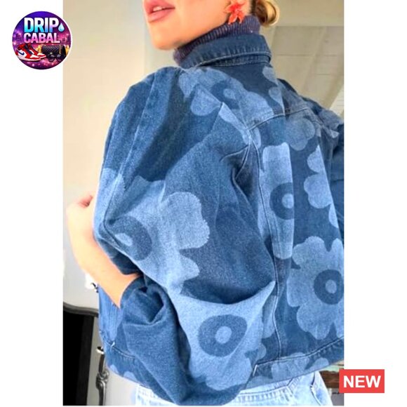 Denim Jacket Floral Button Down Long Sleeve Streetwear Fall Coat Women's Casual - Picture 3 of 5